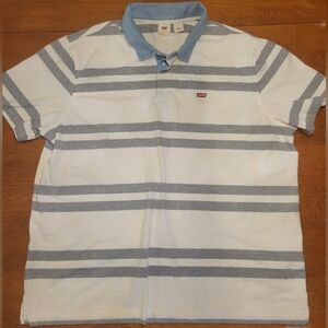 Levi's Men's White and Gray Striped Polo Shirt With Jean Collar | XL